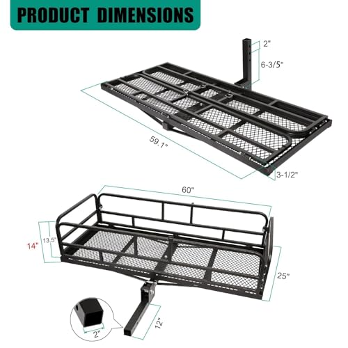 60 x 24 x 14 Inch Folding Hitch Mount Cargo Carrier with High Side Rails, 500 lbs. Capacity, 2" Receiver K535194