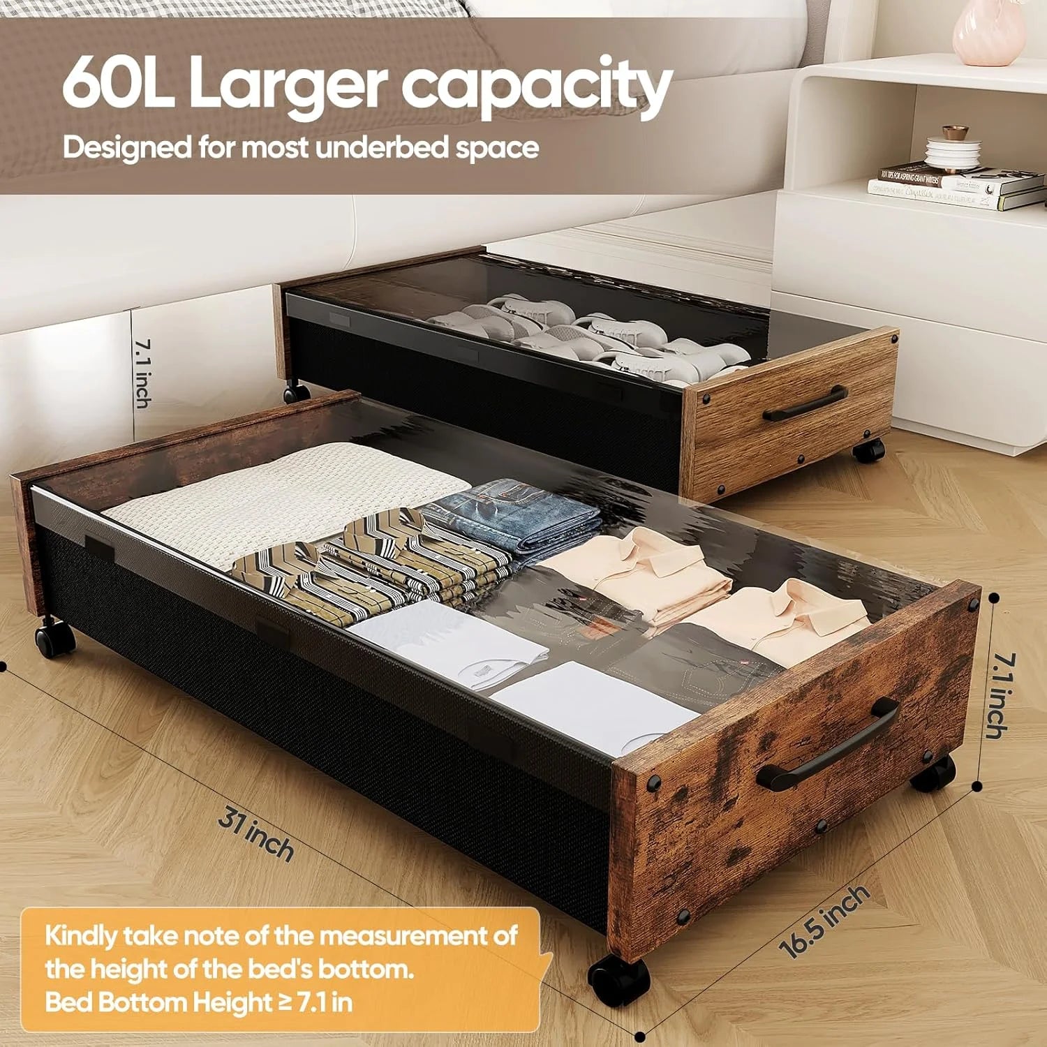 Black Wood 2 Pack Under Bed Storage with Wheels and Removable Lid J340300