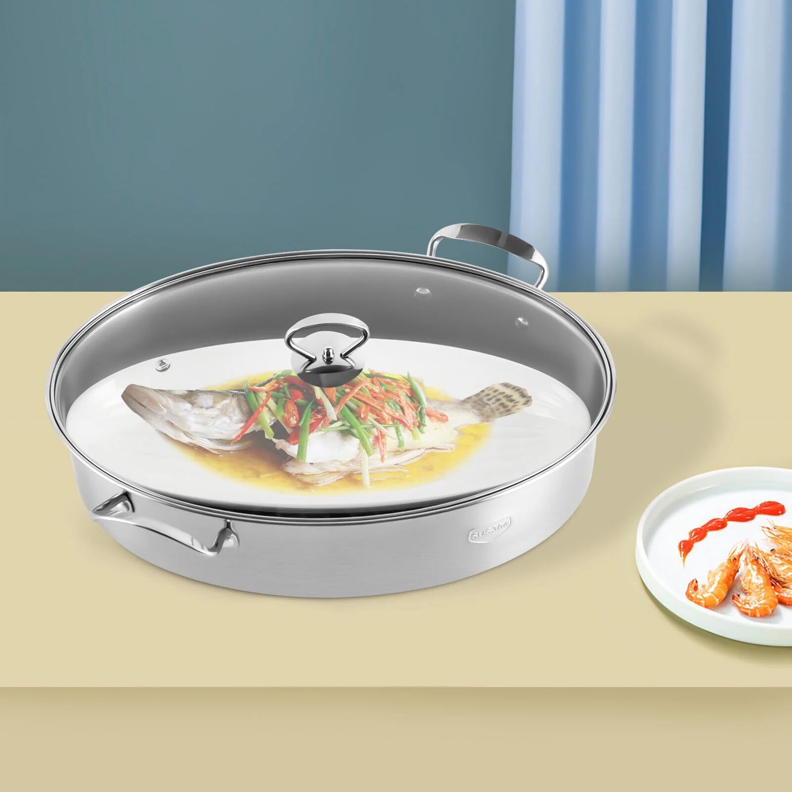 Stainless Steel Oval Fish Steaming Pot with Glass Lid Cookware K82653