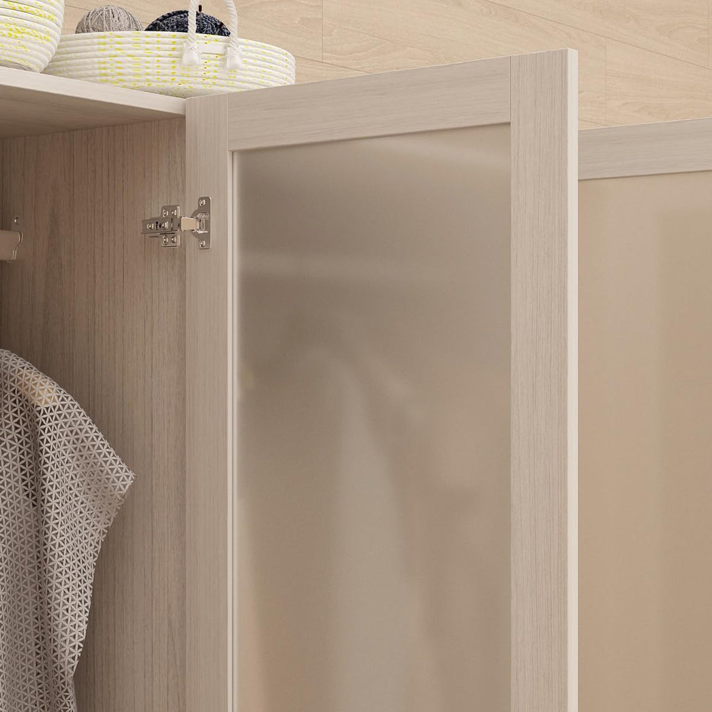 Warm Grey Wooden Armoire Wardrobe Closet with 4 Frosted Glass Doors N7689