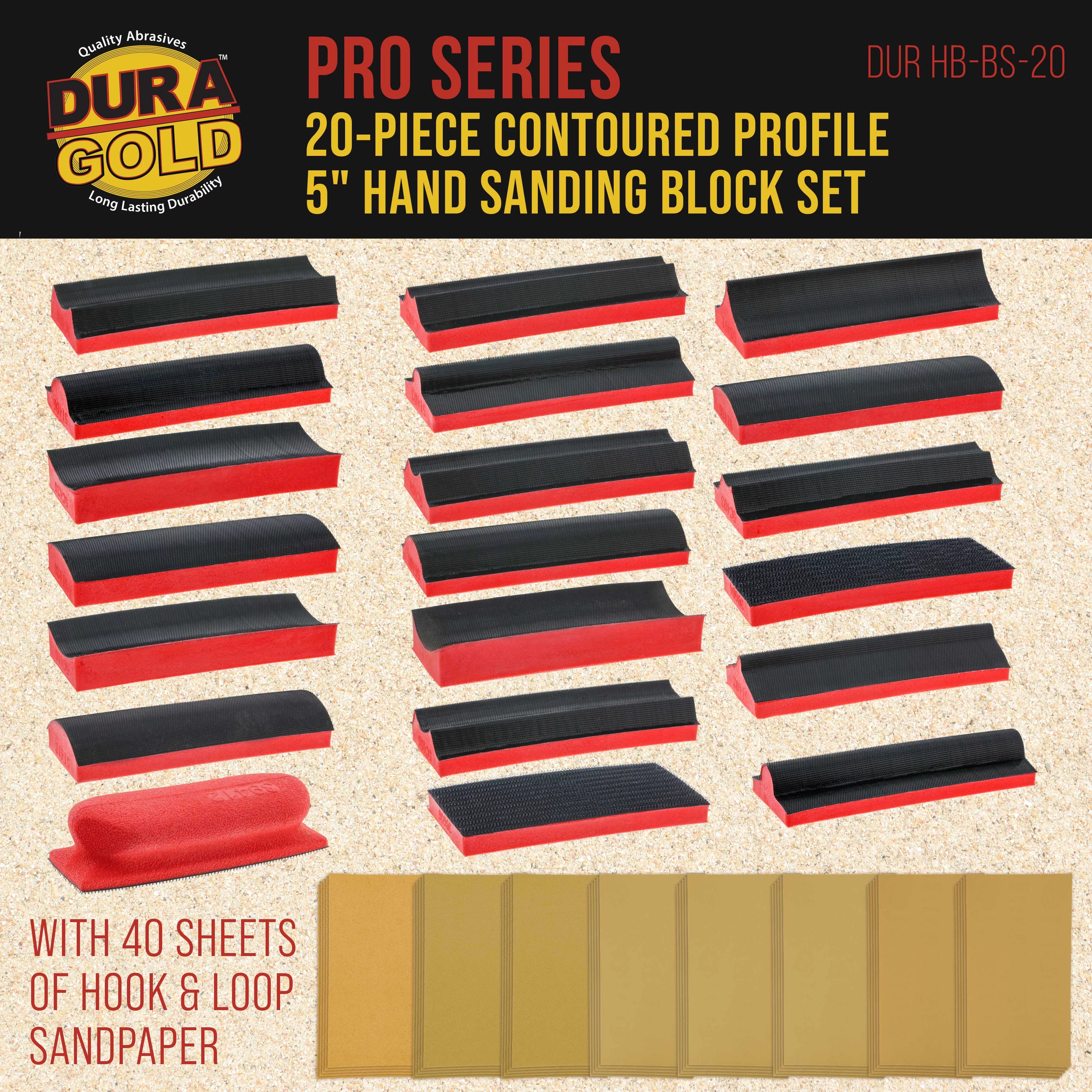 20-Piece 5" Hand Sanding Block Set with 40 Sheet Hook & Loop Sandpaper Kit V8153