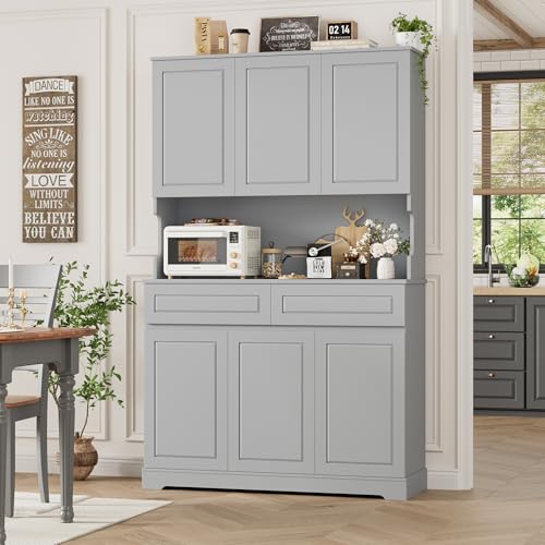74" Tall Pantry Cabinet with 6 Doors and 2 Drawers, Grey T855