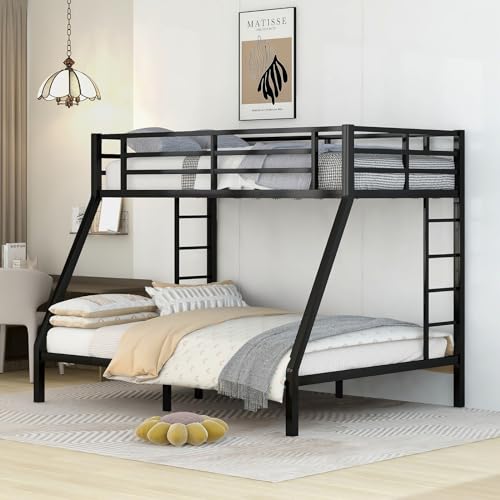 Black Full XL Over Queen Metal Bunk Bed Frame with 2 Ladder K27231