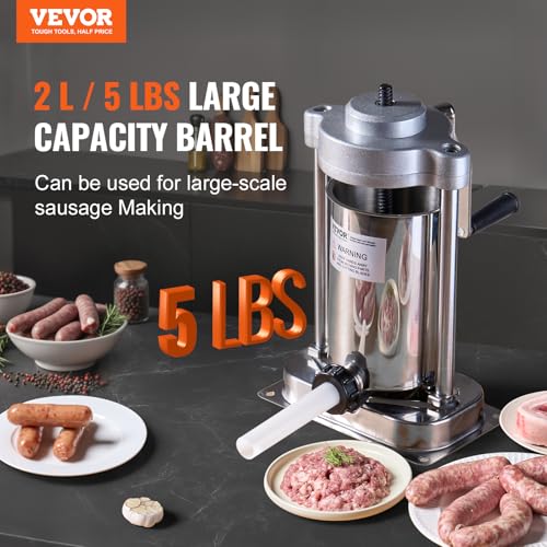 7 L / 15 LBS Vertical Manual Sausage Stuffer, 304 Stainless Steel, 5 Stuffing Tubes C75526