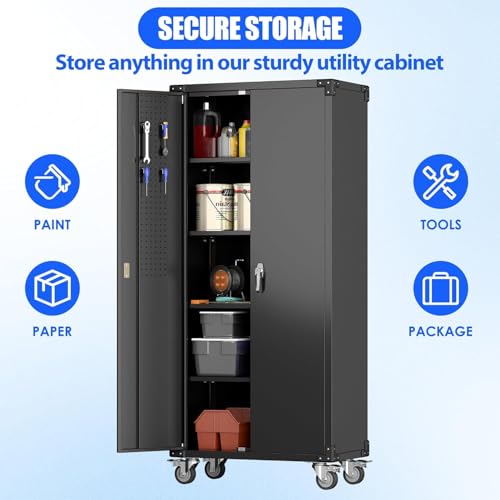 73''H Black Metal Garage Storage Cabinet with 2 Doors and 4 Adjustable Shelves Y310