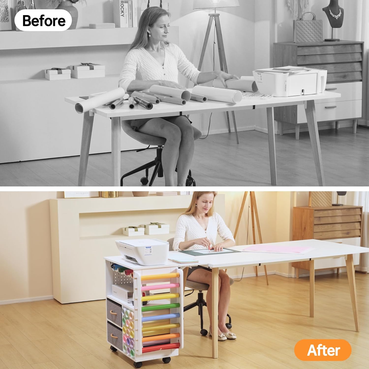 Rolling Craft Cart with Storage Table and Foldable Cabinets G97936