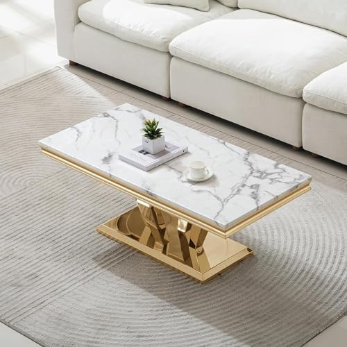 4 Piece Faux Marble Coffee Table Set with Gold Stainless Steel Base O6008