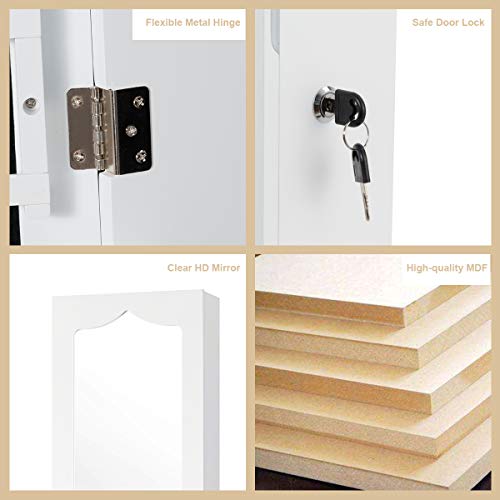 White Wall Mount Lockable Jewelry Cabinet Armoire with Full Length Mirror and 5 Lights U150870