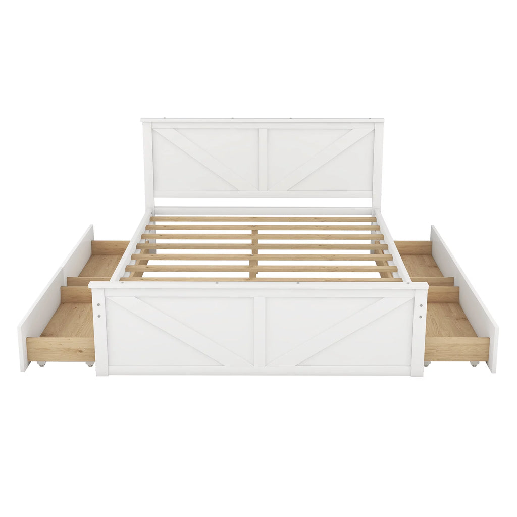 White Queen Platform Bed Frame with 4 Storage Drawers K547