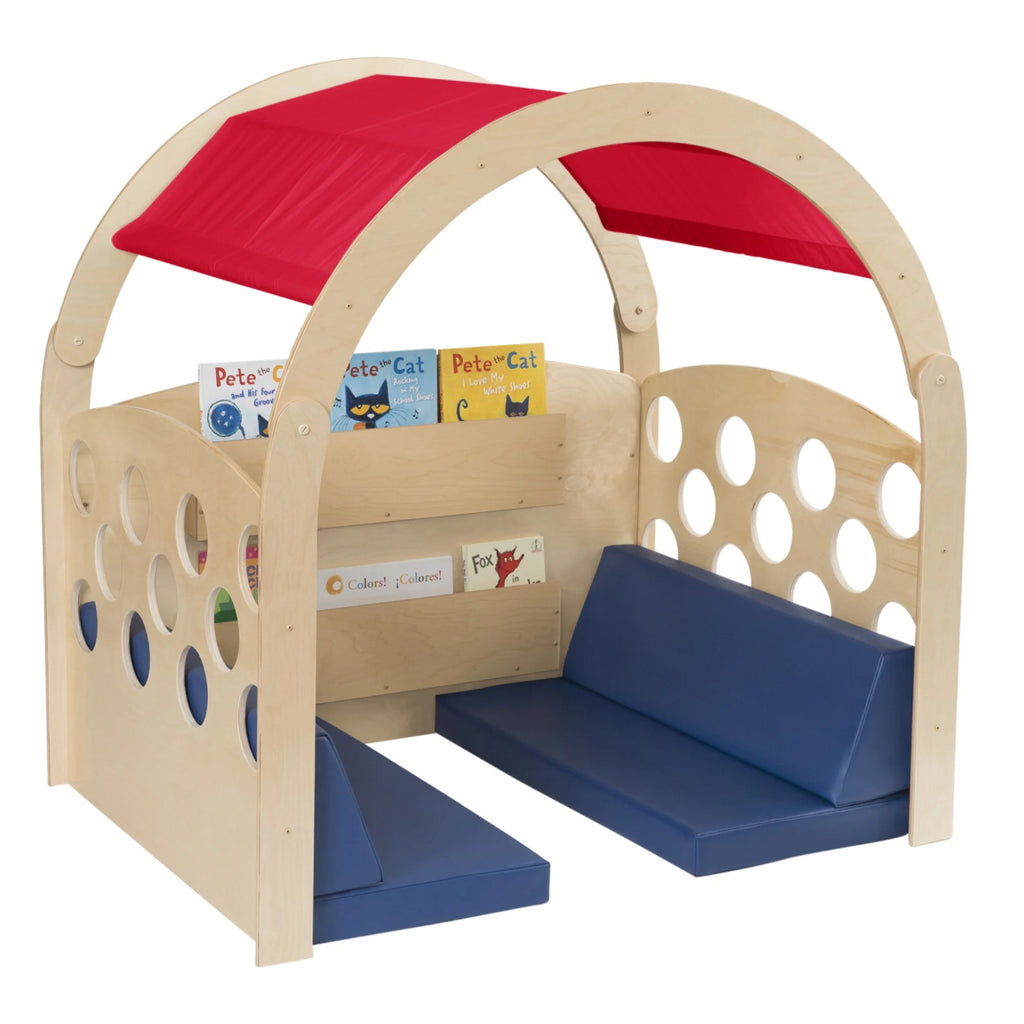 Tan/Red Canopy Reading Nook with Blue Cushions X53364