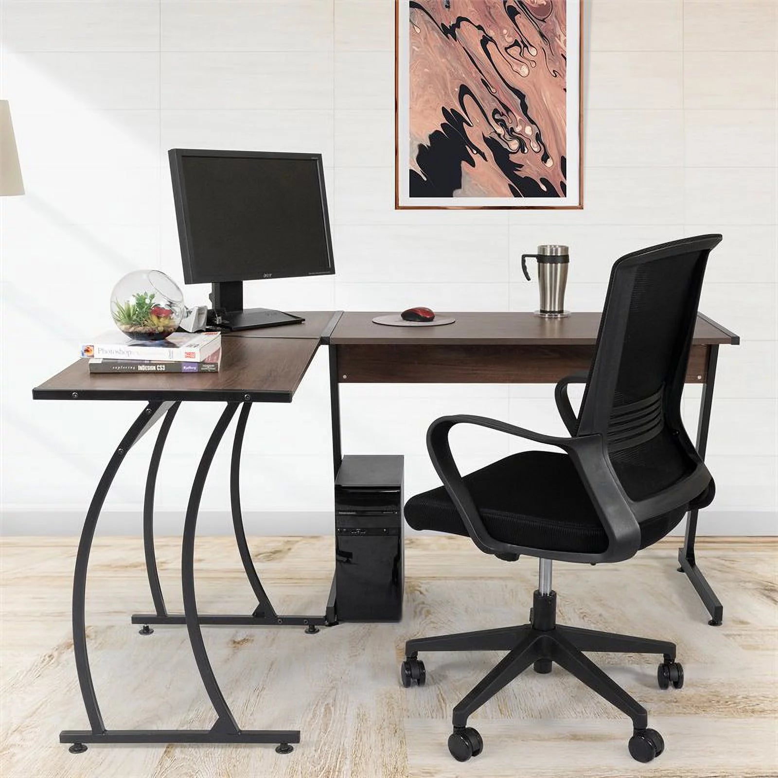 Aged Oak L-Shaped Corner Computer Desk L5454