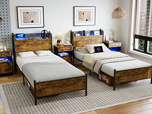 Queen Platform Bed Frame with LED Lights and Charging Station and Storage Shelf Headboard, Black U285920