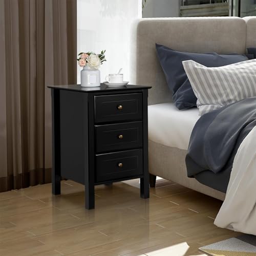 Black Bedside Table Set of 2 with 3 Drawer and Solid Wood Legs K8189
