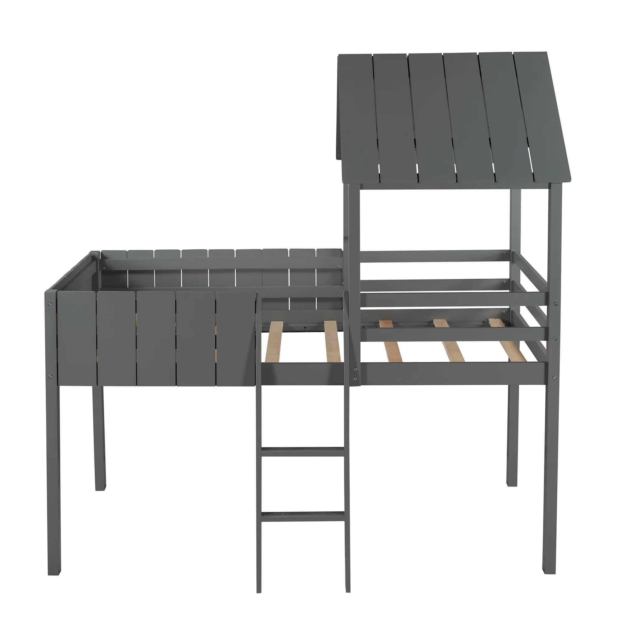Gray Twin Size Wood Loft Bed with Roof Guardrail Ladder J9558