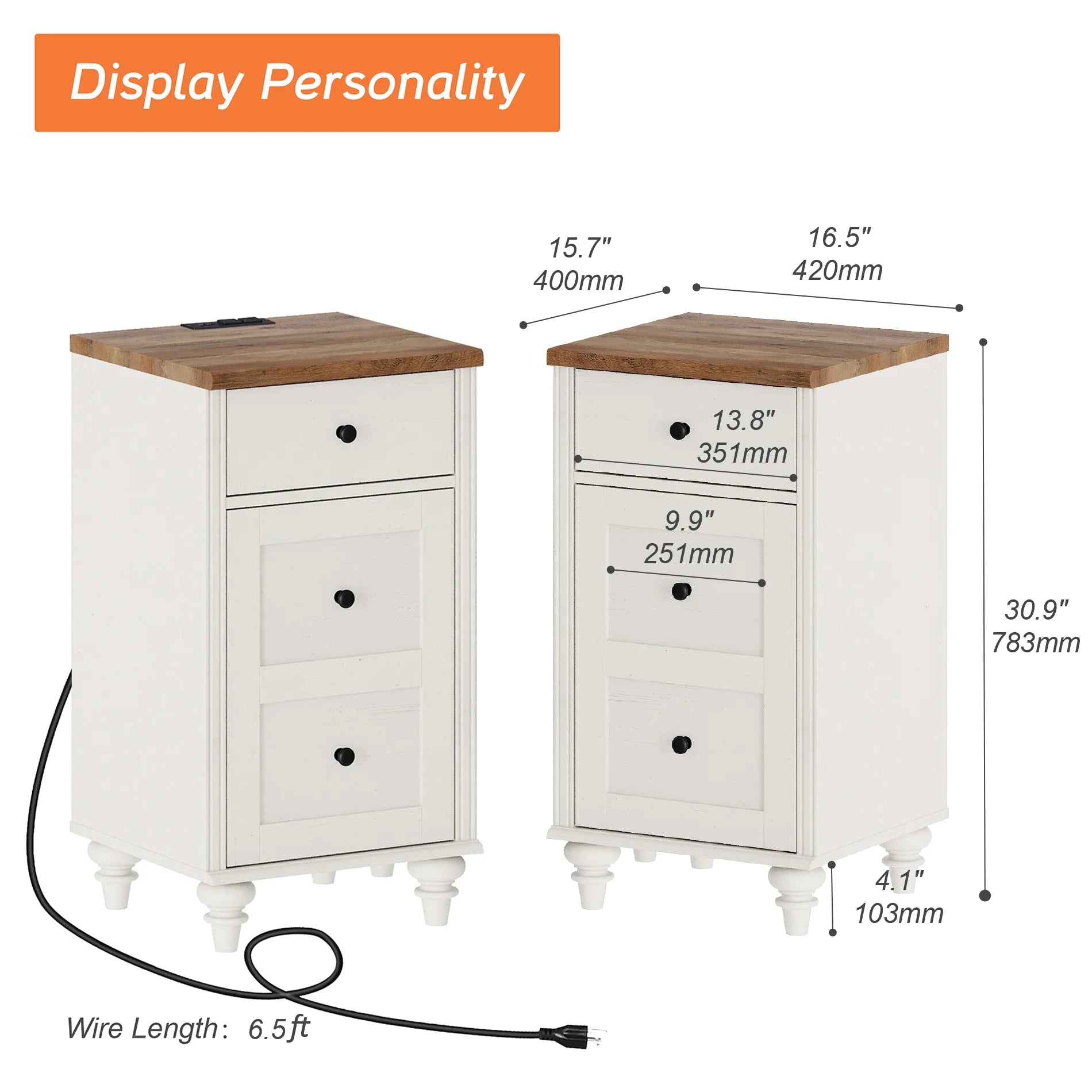 Off-White Wood Nightstand with Drawer and Charging Station K13241