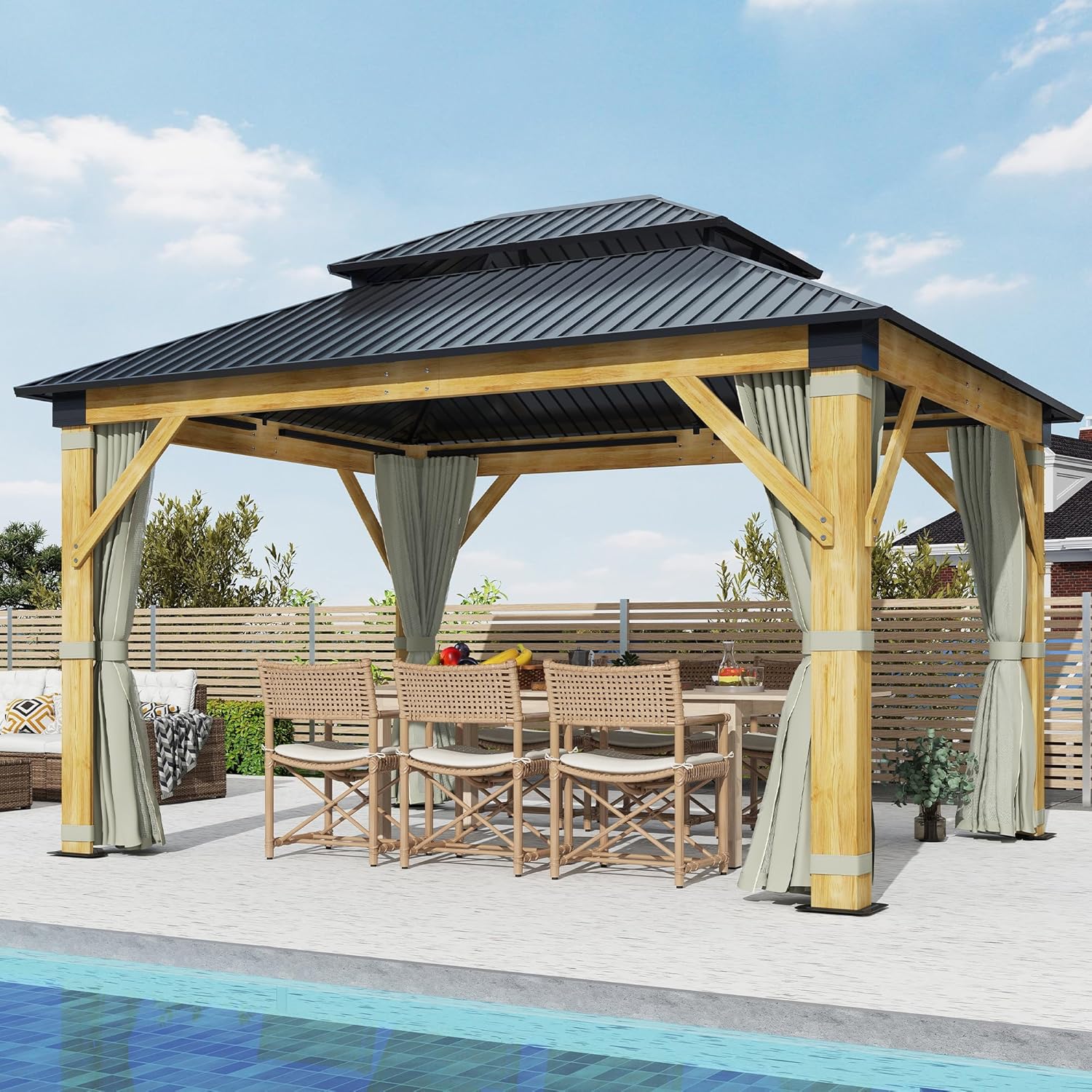 Olive Green Galvanized Steel Roof Wooden Gazebo B9588