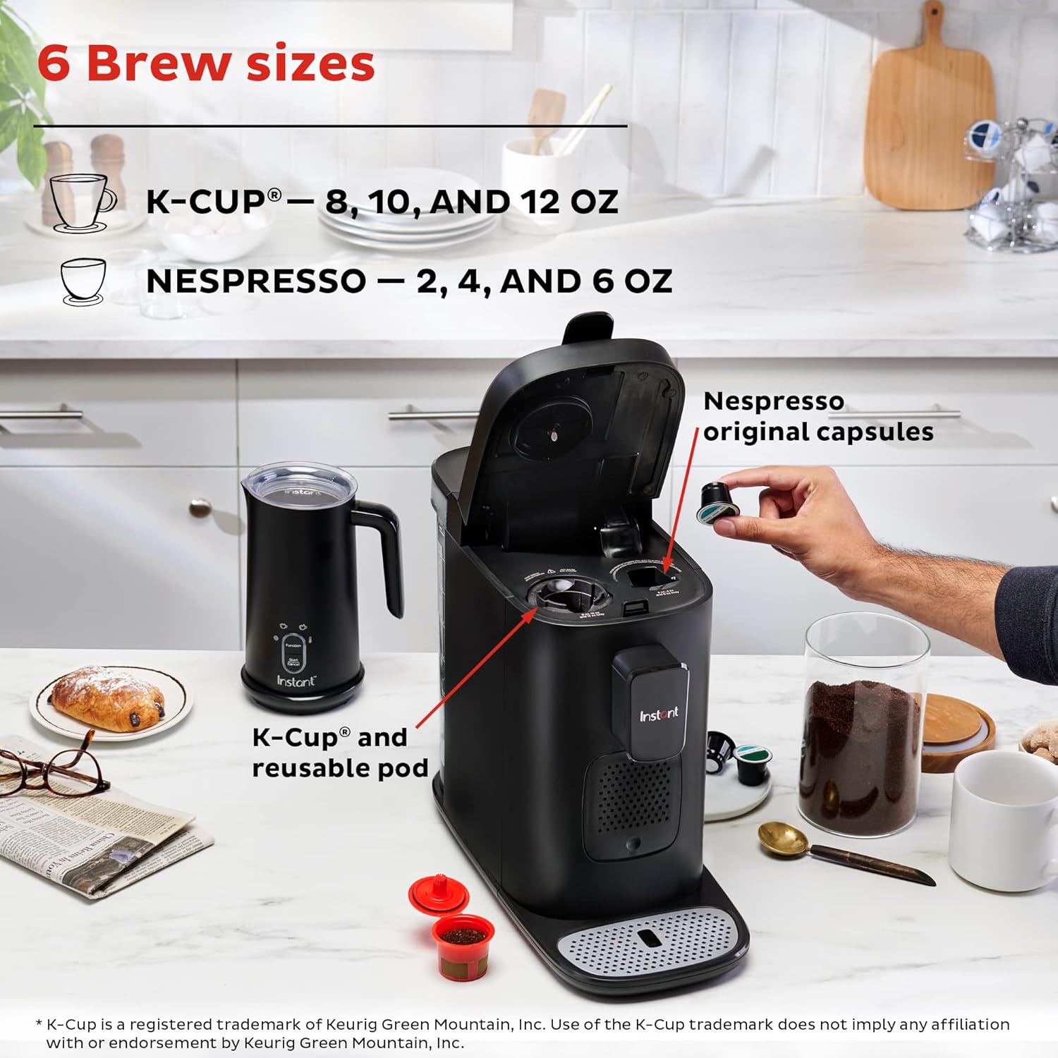 3-in-1 Espresso, K-Cup Pod and Ground Coffee Maker with Reusable Coffee Pod, 2 to 12oz Brew Sizes, 68oz Reservoir H39634