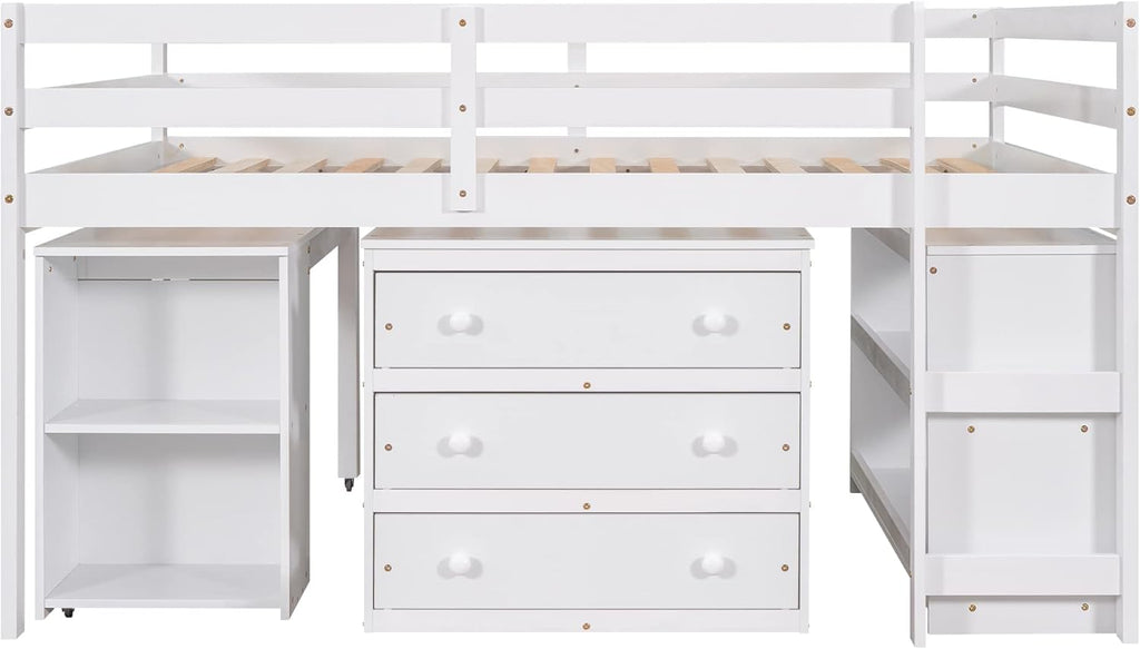 White Full Size Wood Loft Bed with Desk G75450