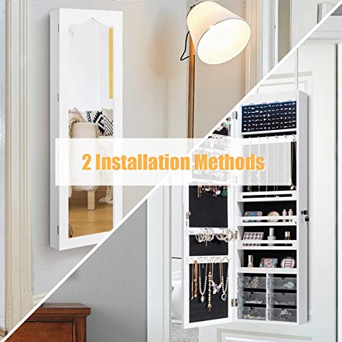 White Wall Mount Lockable Jewelry Cabinet Armoire with Full Length Mirror and 5 Lights U150870