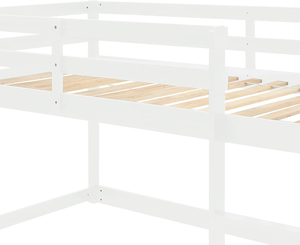White Twin Over Twin Loft Bed Wooden Bed Frame with Safety Guardrail and Ladder B891893