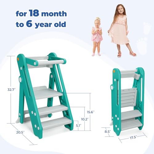 Foldable Adjustable Toddler Kitchen Stool with Handles Non-Slip Blue Grey M586