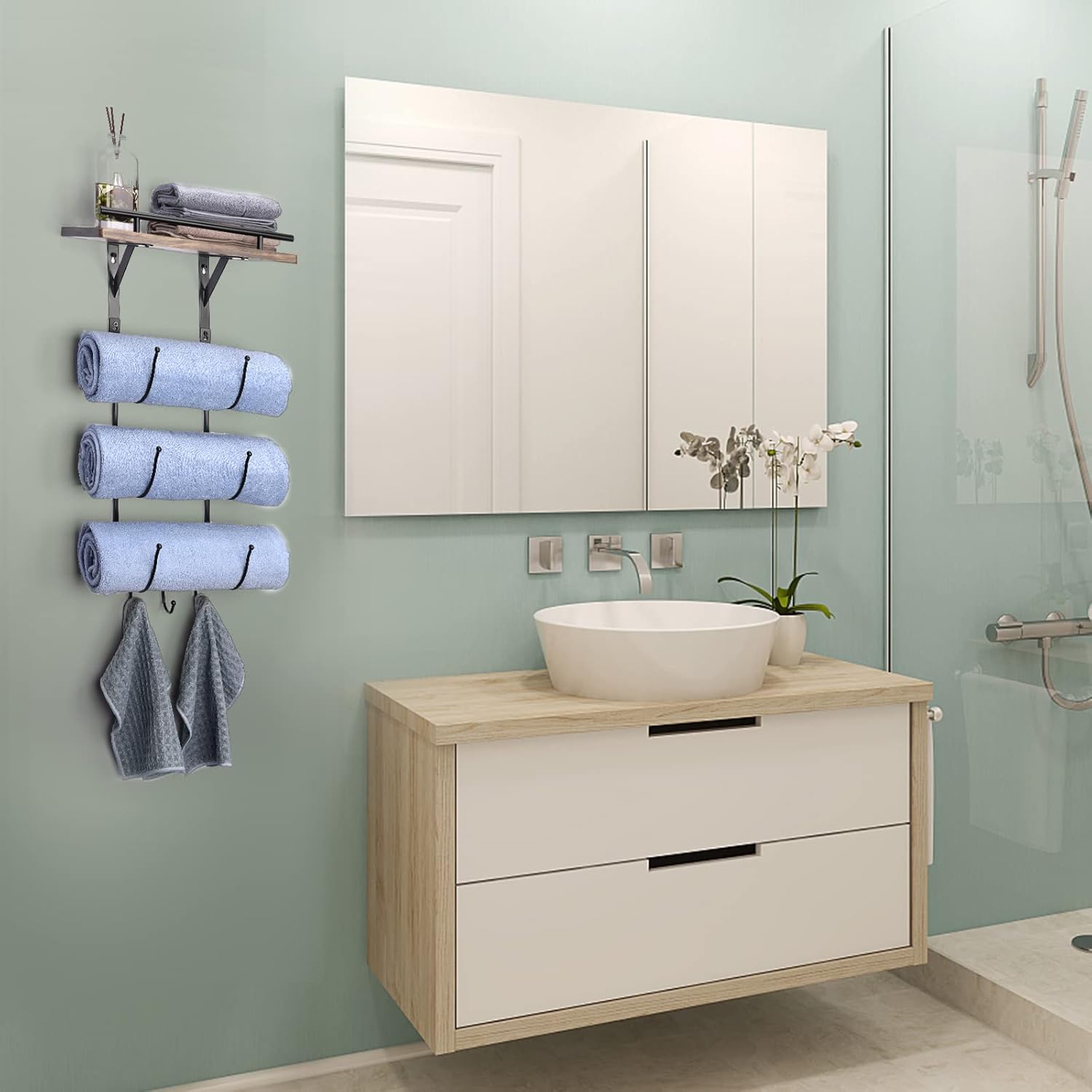 Metal Towel Rack with Wooden Shelf and 3 Hooks K864565