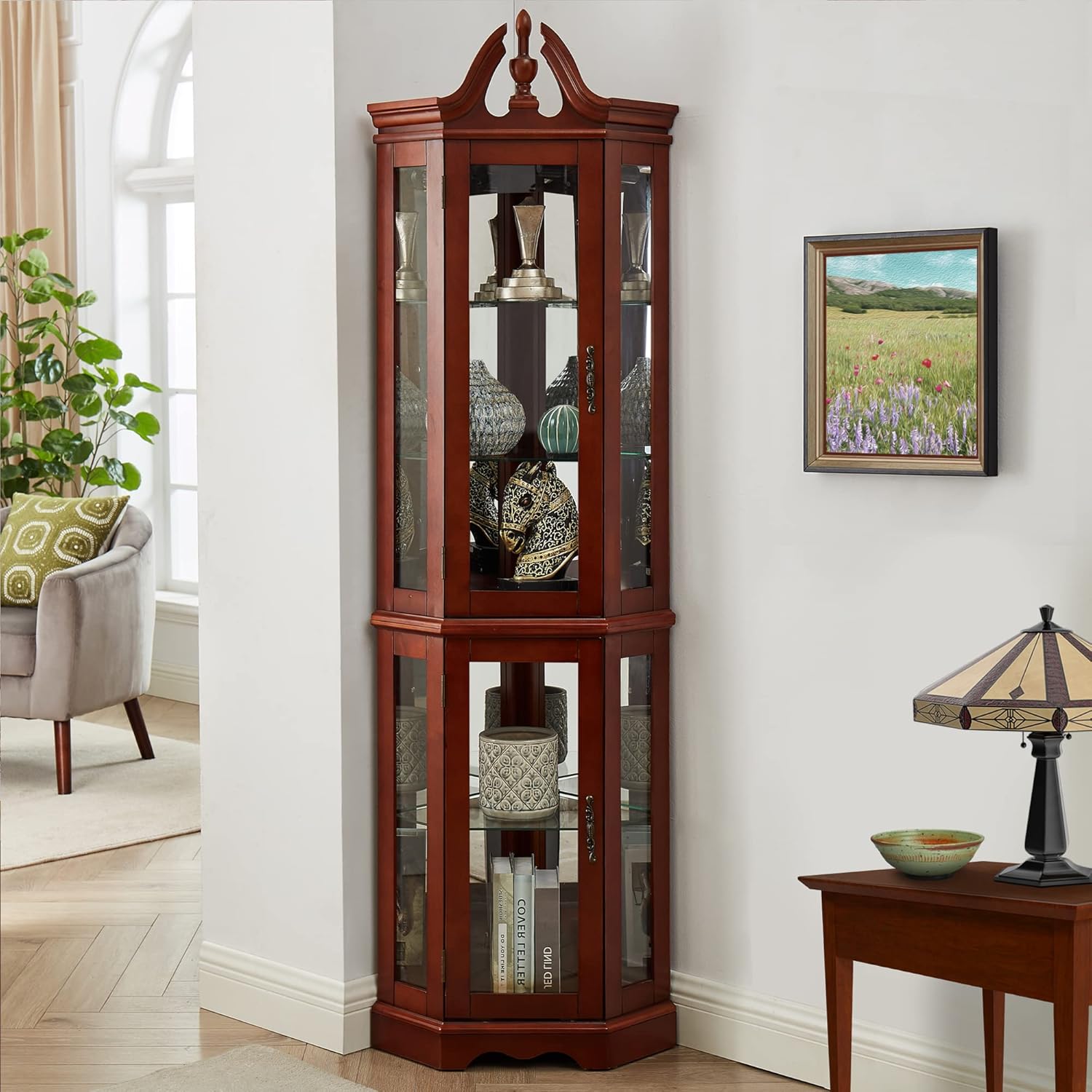 Lighted Curio Cabinet with Curved Top Finial, Wooden Corner Display Cabinet with Adjustable Tempered Glass Shelves O11745