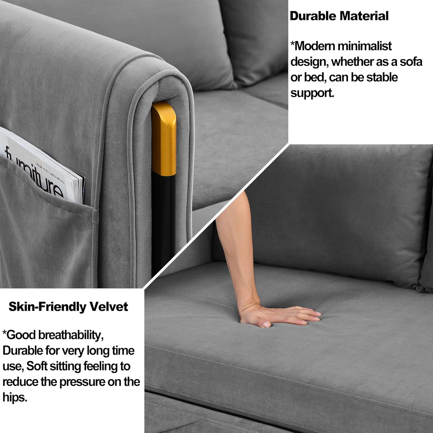 Gray Velvet Convertible Sofa with Pull Out Bed K844