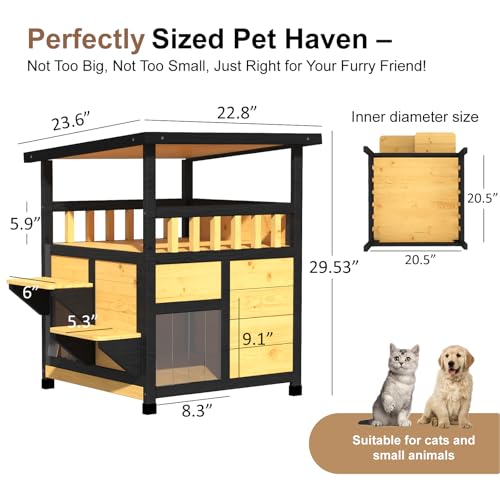 Outdoor Cat House Weatherproof Two Story Feral Cat Shelter with Escape Door Wood Dog Condo for Small Medium Pets Pull-Out Bottom Scratching Mat Included Black and Earthy Yellow F892775