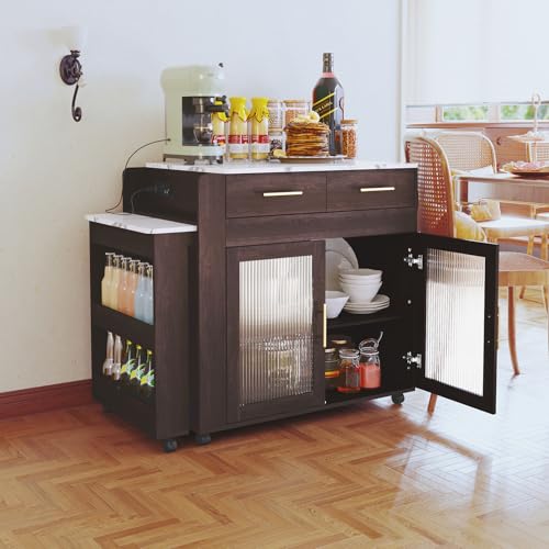 Extendable Kitchen Island on Wheels with Power Outlet and Storage Cabinet and Drawers Y8288