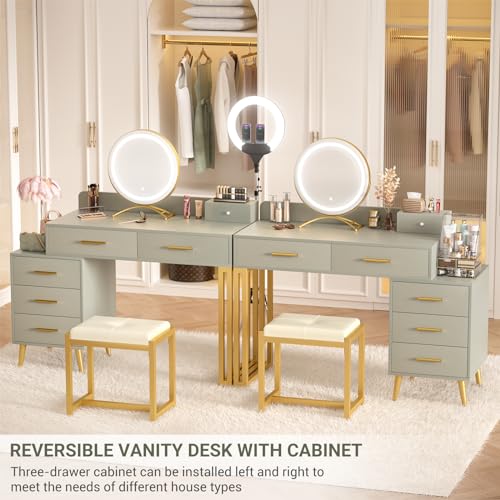 White Vanity Desk with Mirror and Lights, 6 Drawers, Cushioned Stool H69628