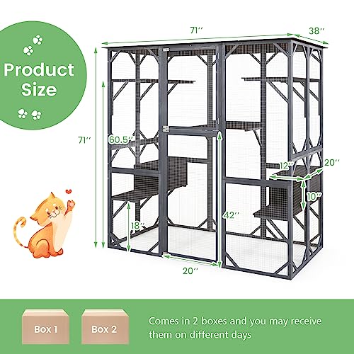 72 Inch Tall Wooden Cat Enclosure with Weatherproof Asphalt Roof R2535