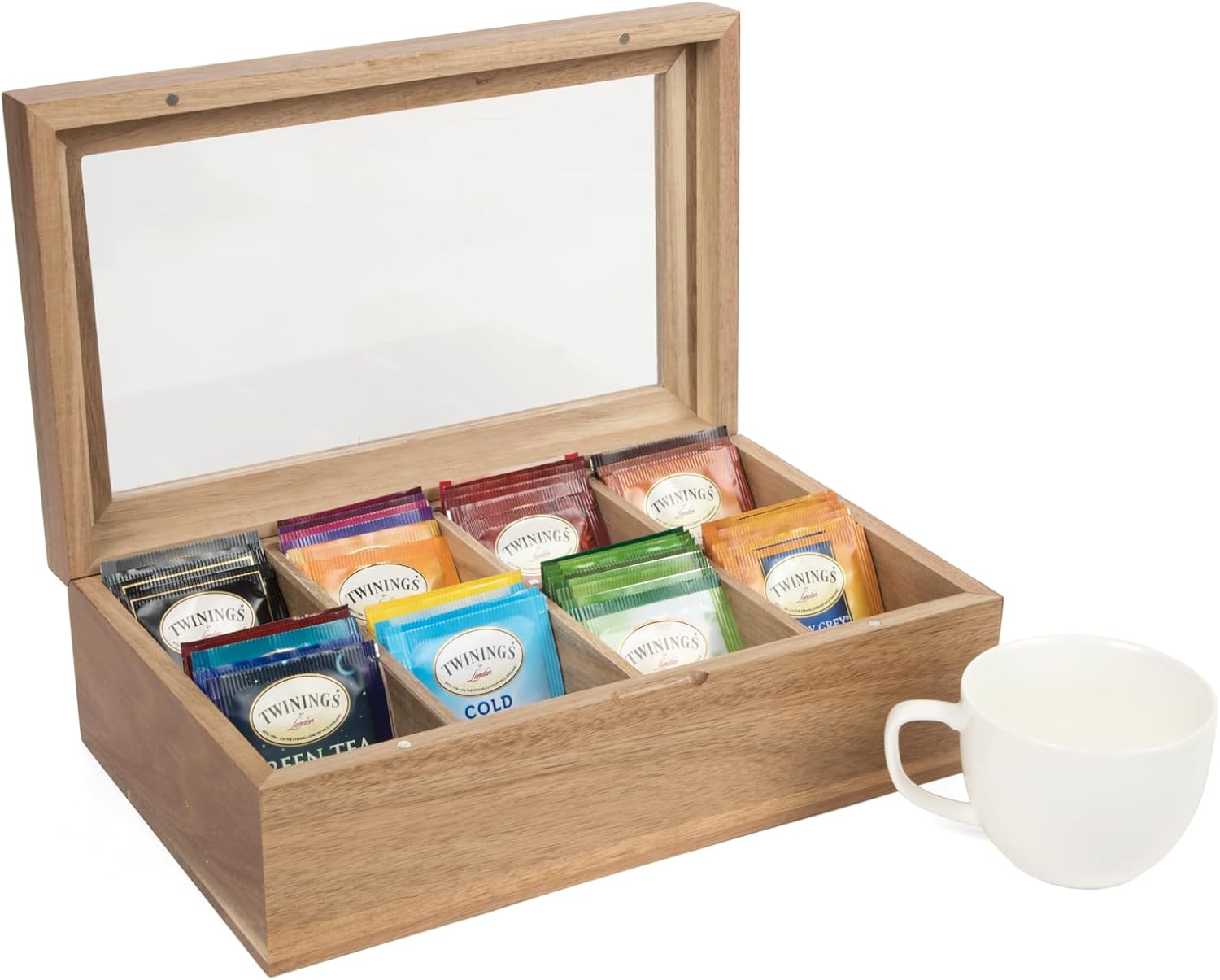 Acacia Wood Tea Bag Storage Box with Clear Acrylic Magnetic Lid C94892