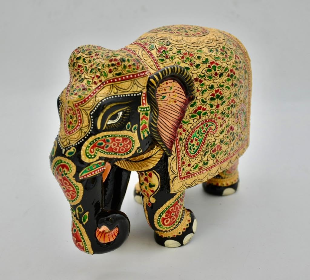 8 Inch Handmade Wooden Elephant Statue with Gold Foil O259240