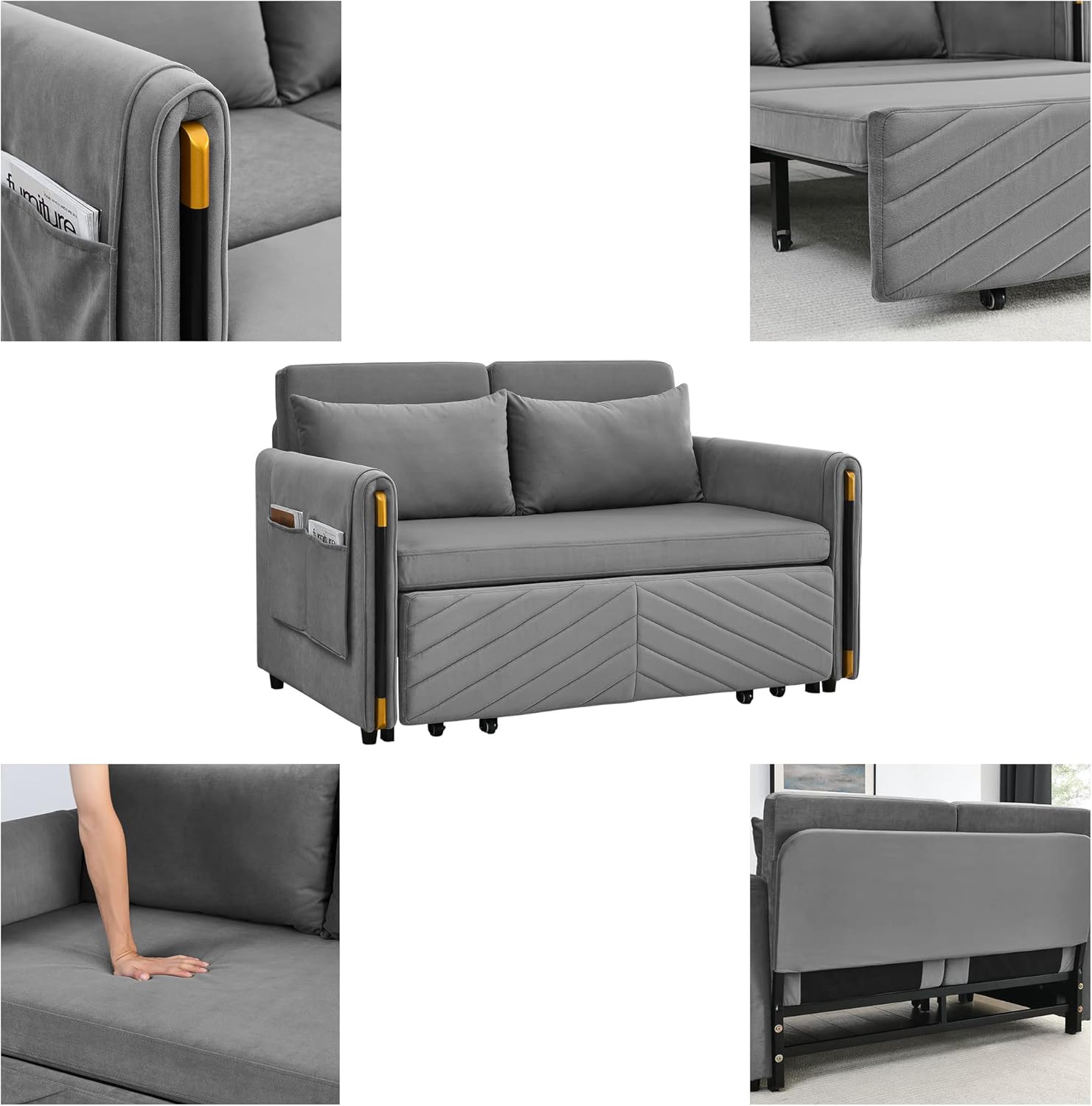 Gray Velvet Convertible Sofa with Pull Out Bed K844