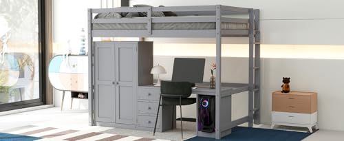 White Full Size Loft Bed with Wardrobe, Desk and Storage Drawers D4389