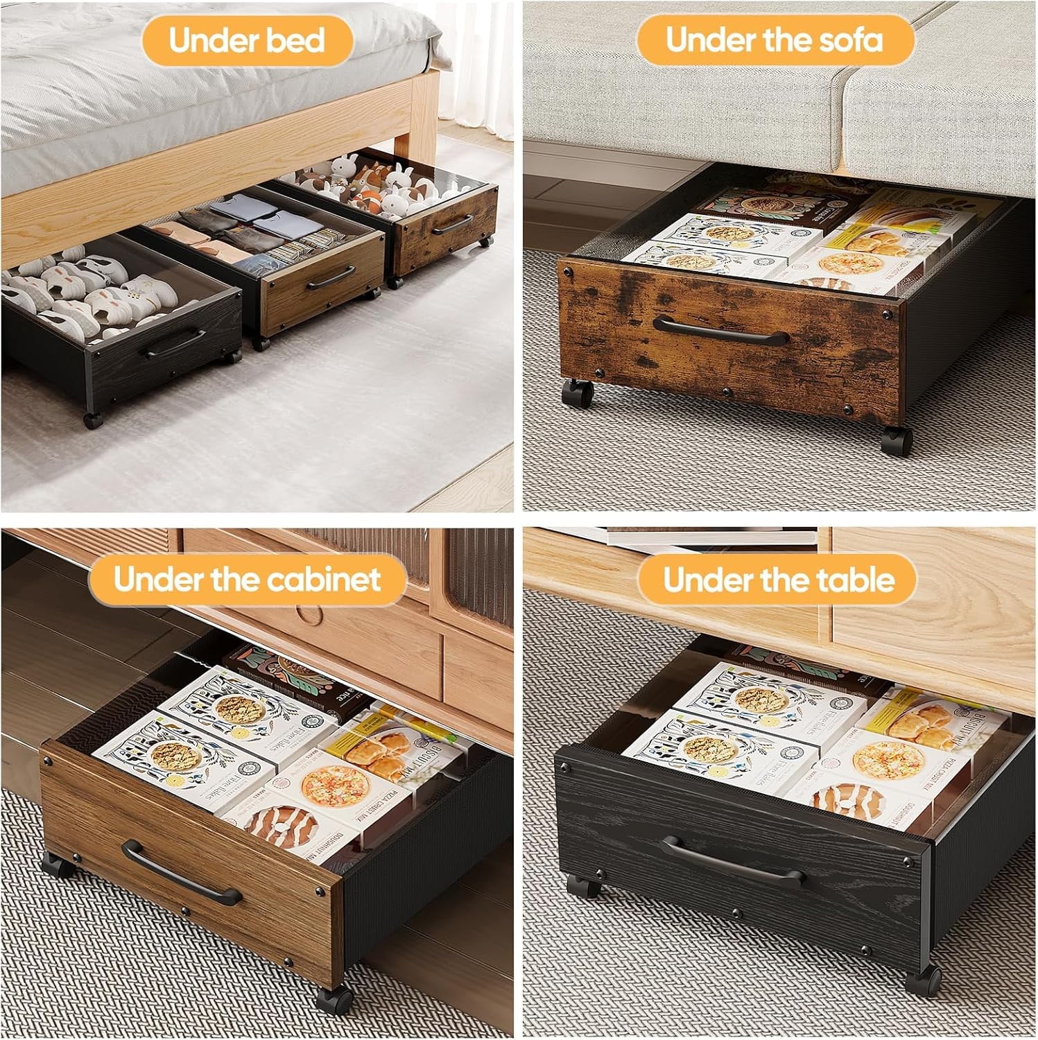 Black Wood 2 Pack Under Bed Storage with Wheels and Removable Lid J340300