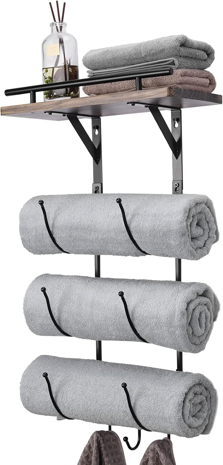 Metal Towel Rack with Wooden Shelf and 3 Hooks K864565
