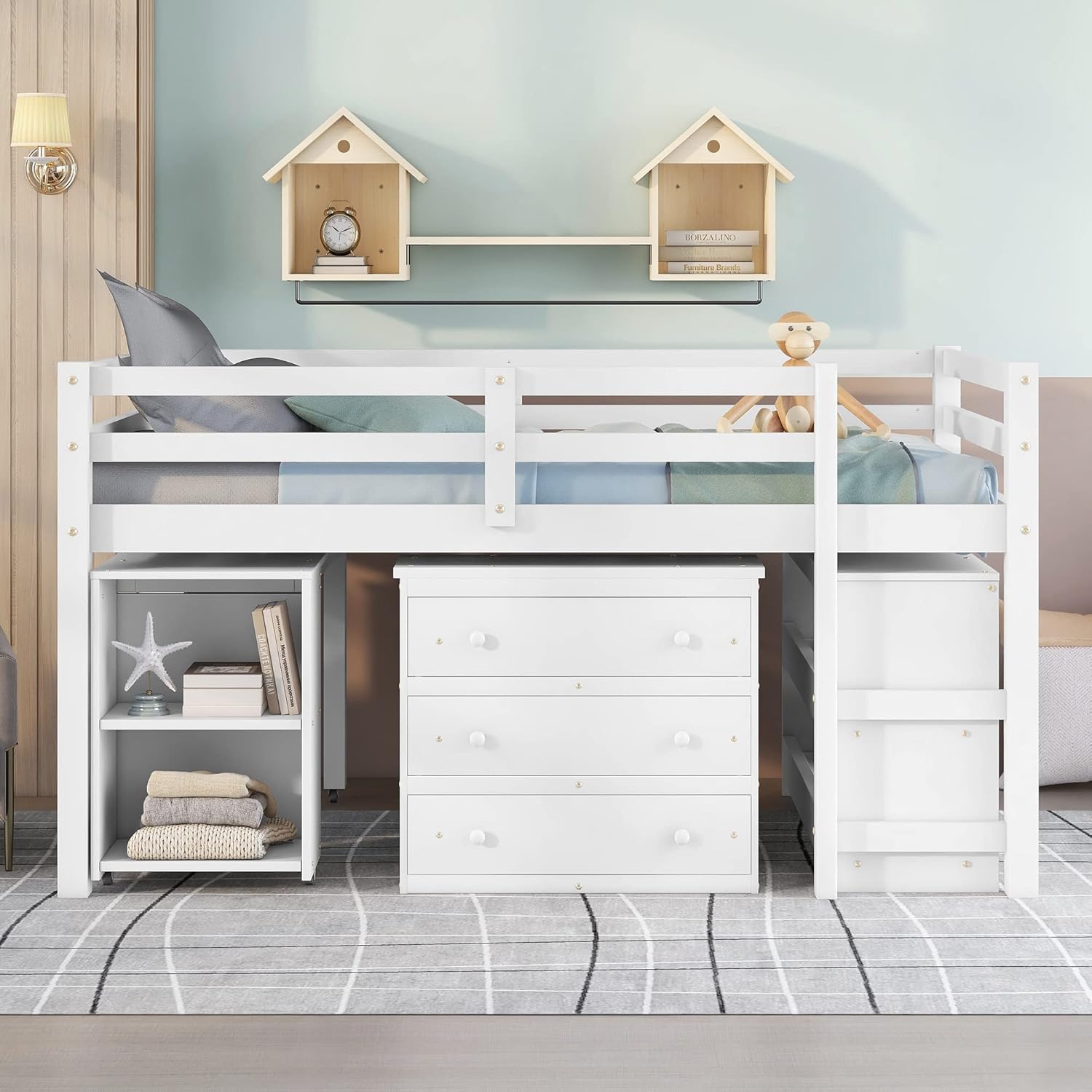 White Full Size Wood Loft Bed with Desk G75450