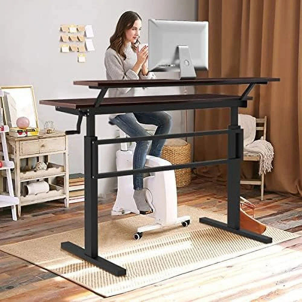 2-Tier Height Adjustable Standing Desk with Monitor Stand (Brown) Y293