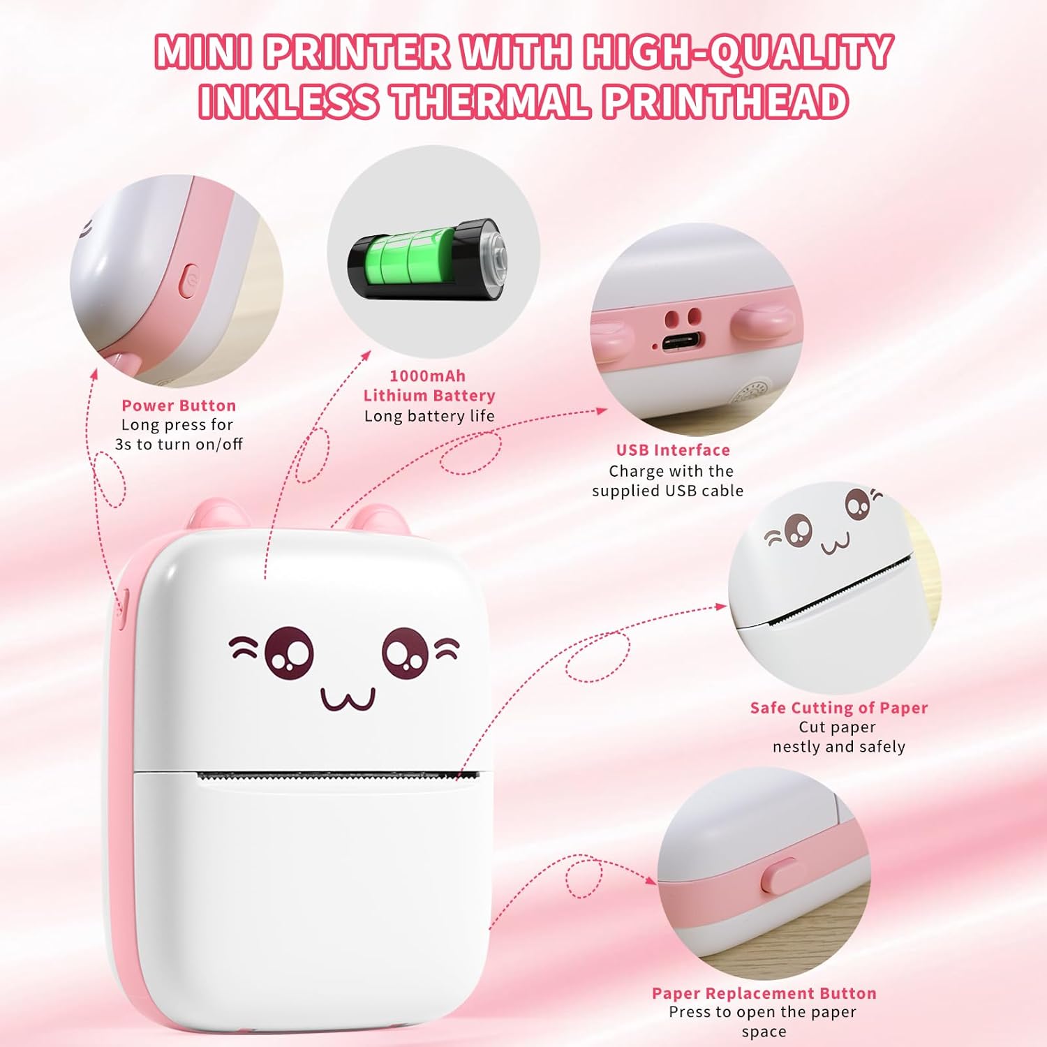 Mini Portable Thermal Printer with 7 Rolls Paper D50301
