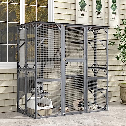 72 Inch Tall Wooden Cat Enclosure with Weatherproof Asphalt Roof R2535