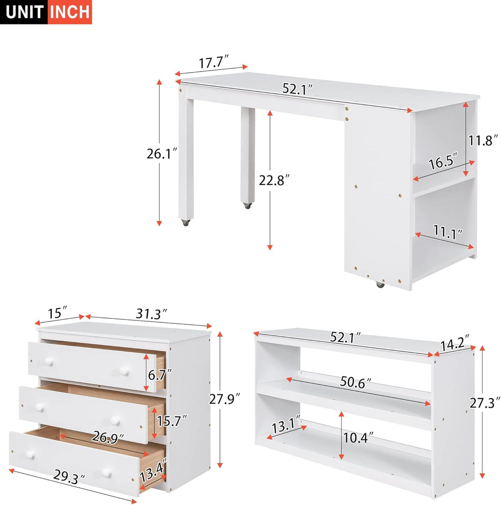 White Full Size Wood Loft Bed with Desk G75450