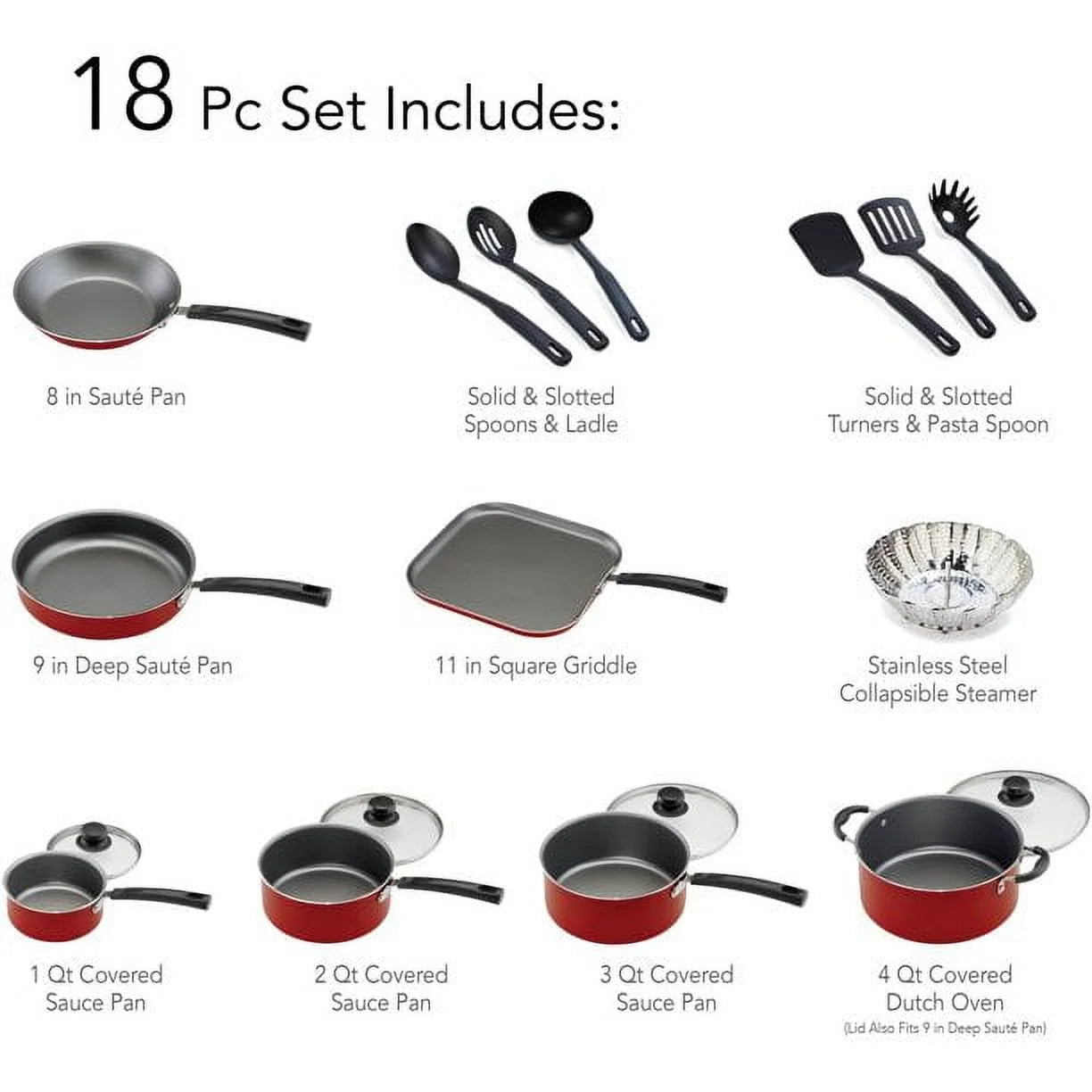 18 Pieces Non-stick Cookware Set, Red P633