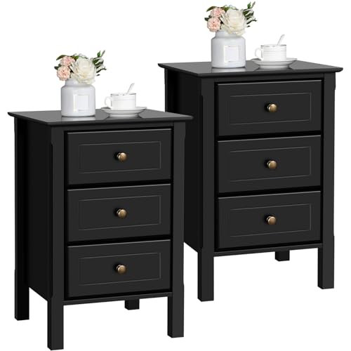 Black Bedside Table Set of 2 with 3 Drawer and Solid Wood Legs K8189