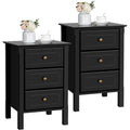 Black Bedside Table Set of 2 with 3 Drawer and Solid Wood Legs K8189