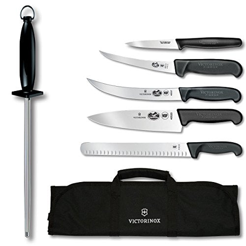 7-Piece BBQ Set with Red Fibrox Pro Handles and Knife Roll A84358