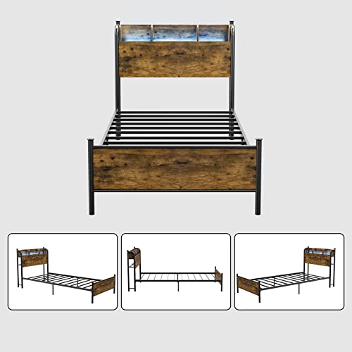 Queen Platform Bed Frame with LED Lights and Charging Station and Storage Shelf Headboard, Black U285920