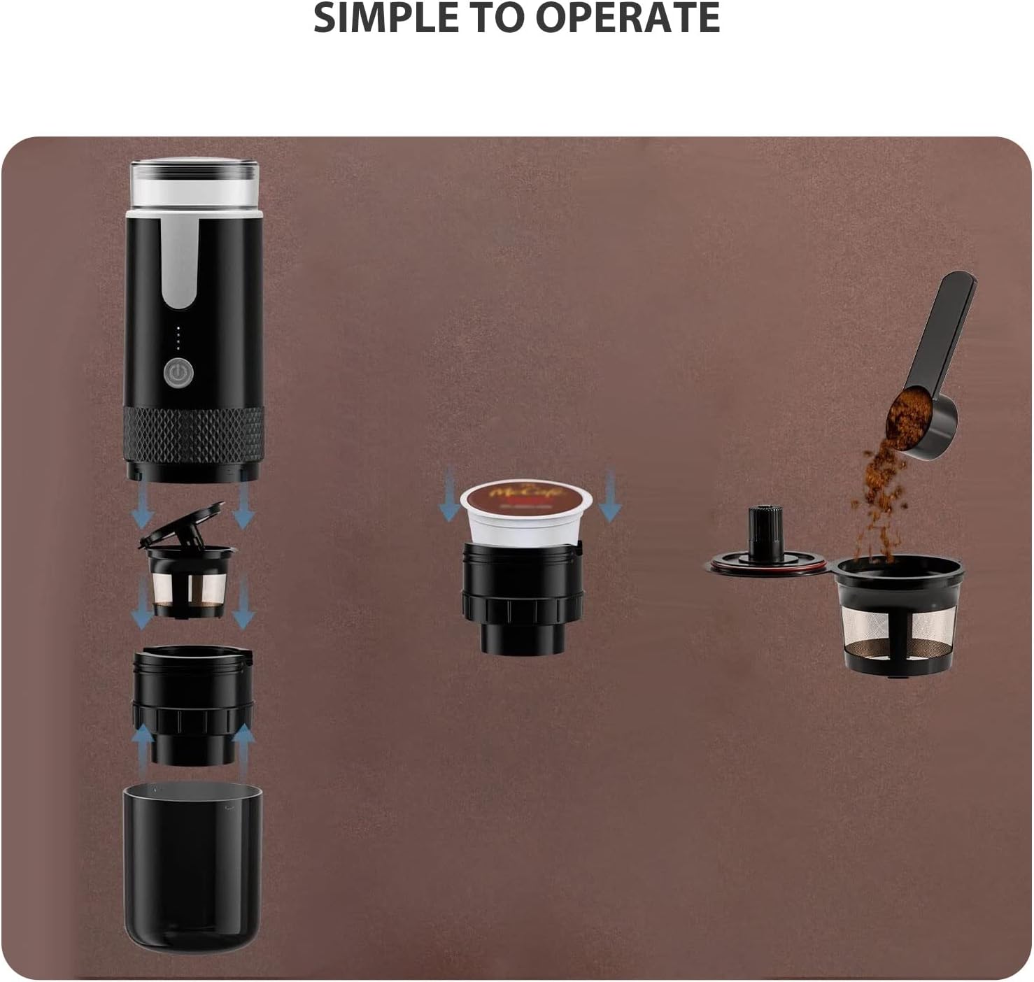 Portable Espresso Machine, Travel Coffee Maker Compatible with K Cup Capsules & Ground Coffee, 1200mah Battery, Handheld Single Serve Coffee Machine R280
