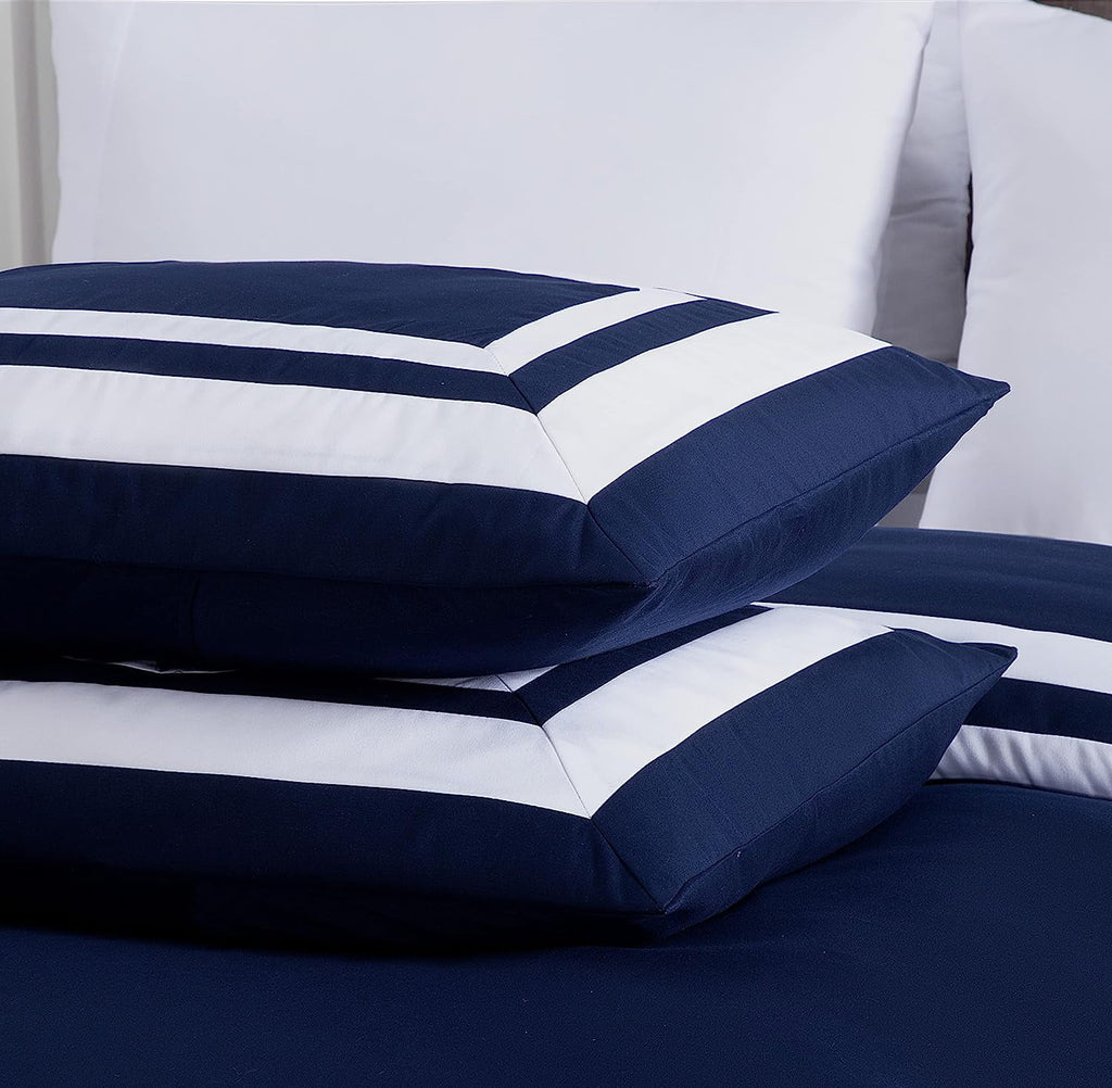 7-Piece King Bed in a Bag Comforter Set with Sheets Navy White Square Pattern Bedding Set O8298